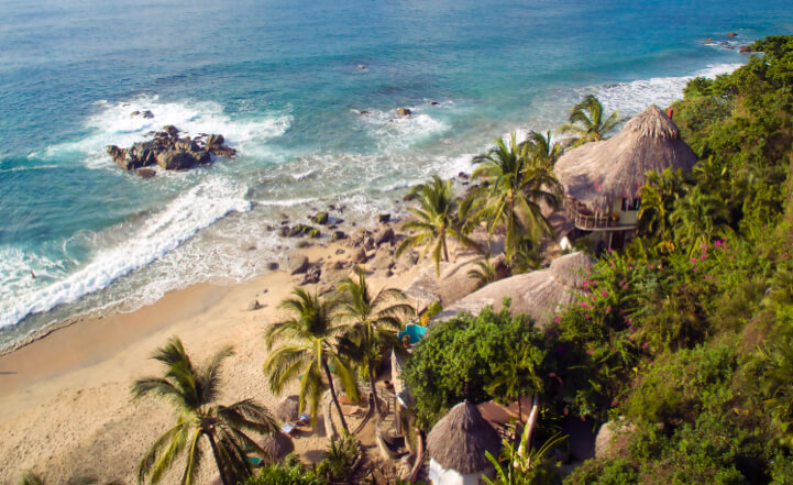 Palapas and palms above the sand on the Nayarit coast